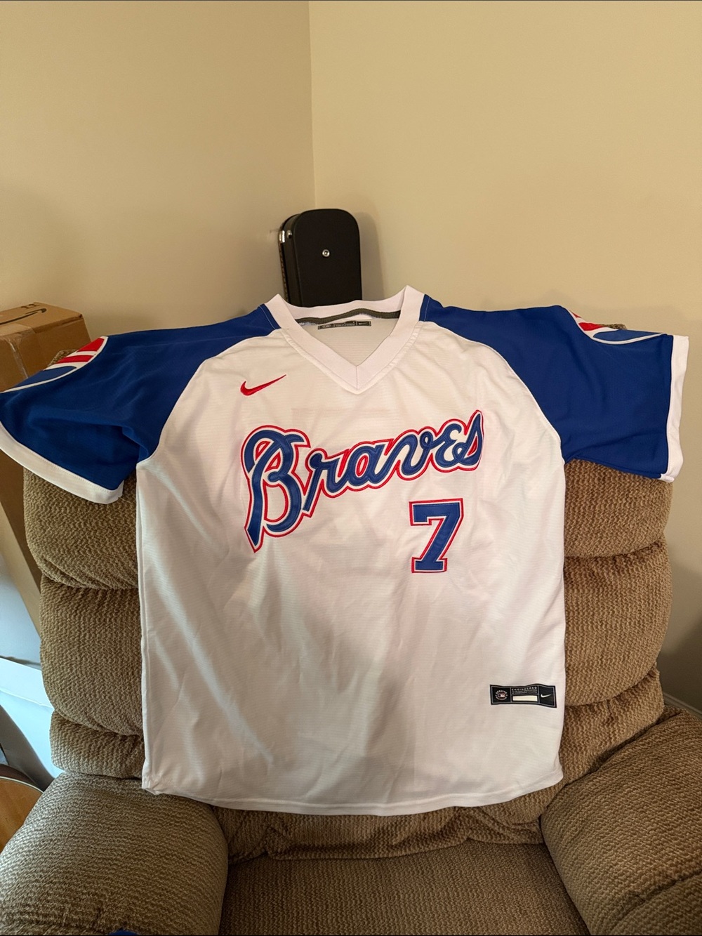 Nike White, Royal Blue, and Red Braves #7 Baseball Jersey